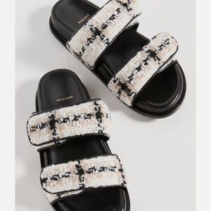 Anine Bing Black & Cream Tweed Double-Strap Slides